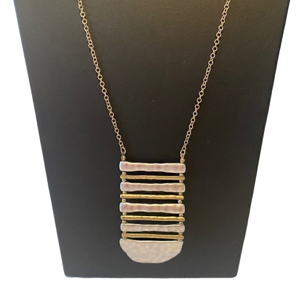 Hammered Silver & Gold Toned Drop Pendant Necklace on extra long chain.